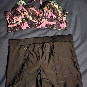 Tropical Print Bikini Top and Black Shorts Set